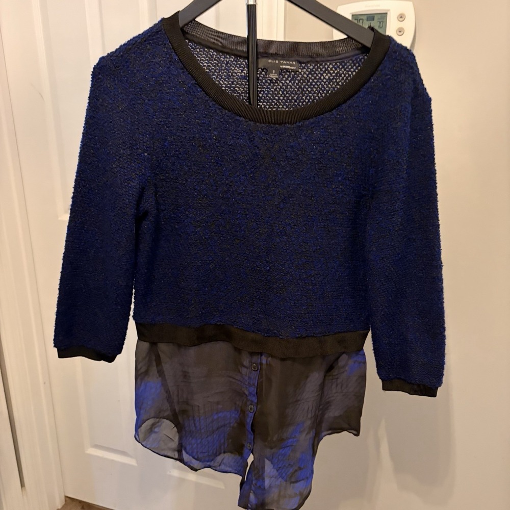 Elie Tahari Design Nation Womens Sweater Small Blue Black Chiffon Hem Pullover